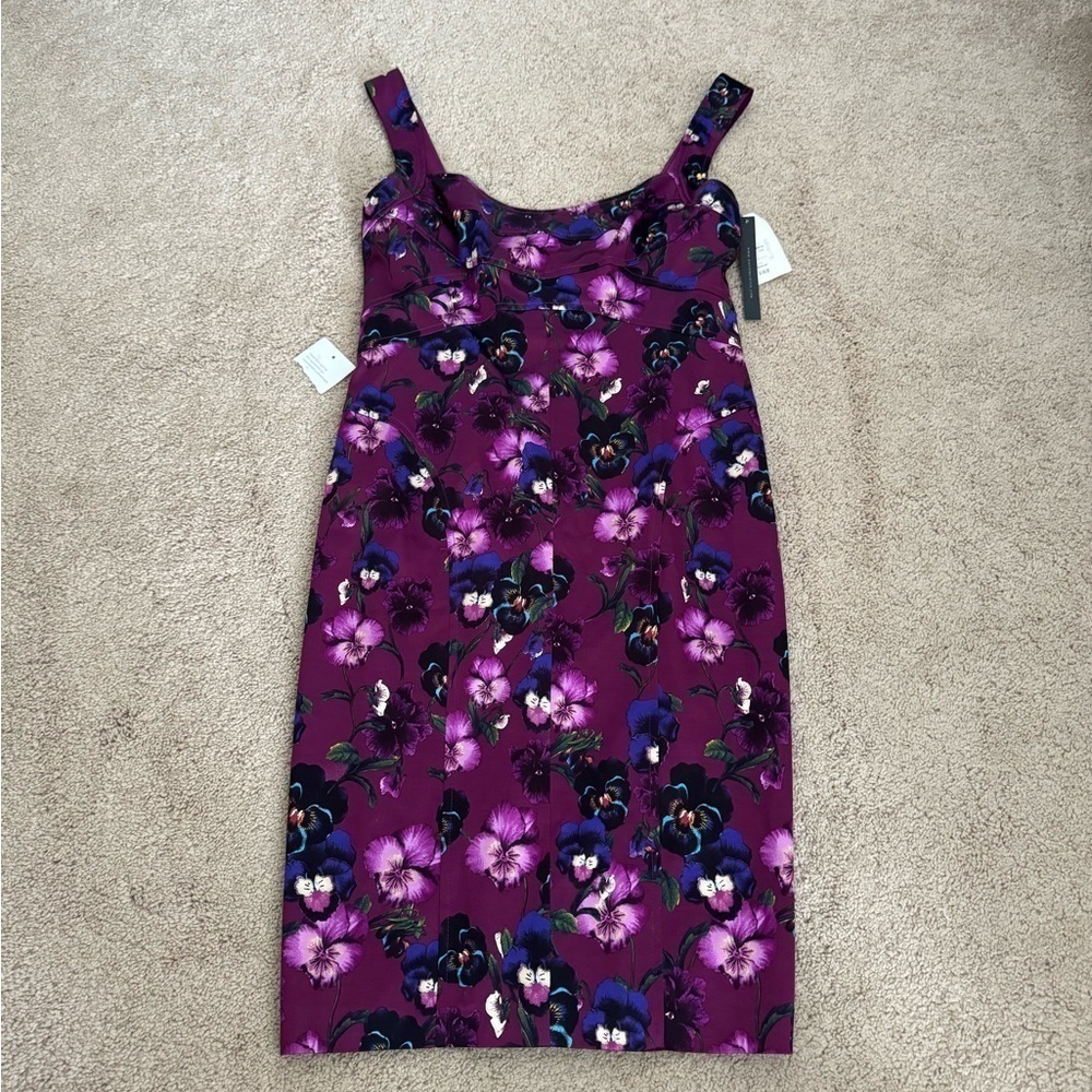 David Meister- NWT Purple Satin Floral Sleeveless Midi Shift Dress - Picture 2 of 4